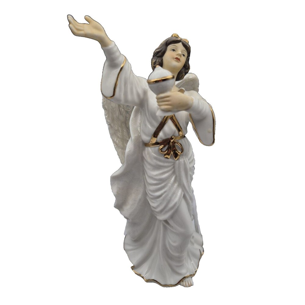O'Well Angel Porcelain Figurine Iridescent Wings w Chalice Gold Trim 10” Y2K
